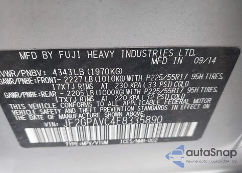 2014 Subaru Xv Crosstrek 2.0I Premium z USA, uszkodzony, nr VIN JF2GPAVC4E8335890